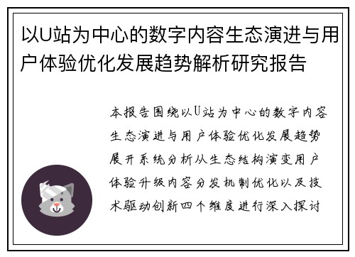 以U站为中心的数字内容生态演进与用户体验优化发展趋势解析研究报告